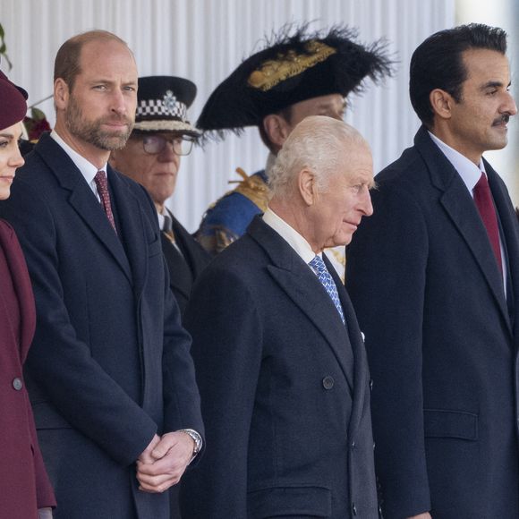 Le prince William, prince de Galles, et Catherine (Kate) Middleton, princesse de Galles, Le roi Charles III d'Angleterre, Tamim ben Hamad Al-Thani et sa femme Jawaher bint Hamad bin Suhaim Al-Thani - Cérémonie d'accueil pour la visite d'État de l'émir du Qatar à Londres, le 3 décembre 2024.