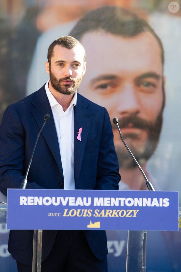 Louis Sarkozy a ouvert son QG de campagne sur la place de la mairie de Menton après avoir déclaré sa candidature aux prochaines élections municipales dans la cité du citron. Devant des centaines de personnes, il a exposé ses projets pour la ville, le 11 octobre 2025 à Menton, France. Photo by Shootpix/ABACAPRESS.COM
