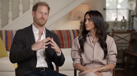 Le prince Harry, duc de Sussex et Meghan Markle, duchesse de Sussex, lors d'une interview pour l'émission CBS News Sunday Morning, diffusée le 4 août 2024. Lors de ce programme, le couple princier a évoqué leurs enfants, Archie Harrison, 5 ans et Lilibet Diana, 3 ans et leur volonté de les protéger des dangers du web. JLPPA/Bestimage