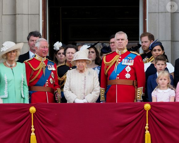 Camilla Parker Bowles, duchesse de Cornouailles, le prince Charles, prince de Galles, la reine Elisabeth II d’Angleterre, le prince Andrew, duc d’York, le prince Harry, duc de Sussex, et Meghan Markle, duchesse de Sussex - La famille royale au balcon du palais de Buckingham lors de la parade Trooping the Colour 2019, célébrant le 93ème anniversaire de la reine Elisabeth II, Londres, le 8 juin 2019. (Agence / Bestimage).