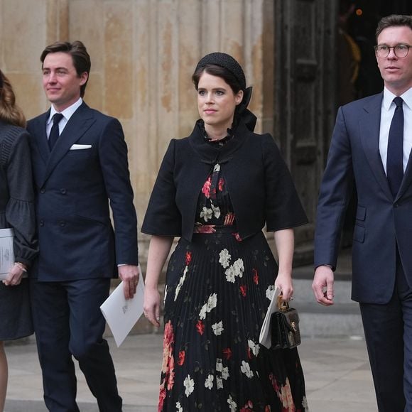 La princesse Beatrice d’York et son mari, Edoardo Mapelli Mozzi, La princesse Eugenie d’York et son mari Jack Brooksbank lors du service d'action de grâce en hommage au prince Philip, duc d’Edimbourg, à l'abbaye de Westminster à Londres, Royaume Uni, le 29 mars 2022. Le prince Philip, duc d’Edimbourg, est décédé le 9 avril 2021. © Julien Burton/Bestimage