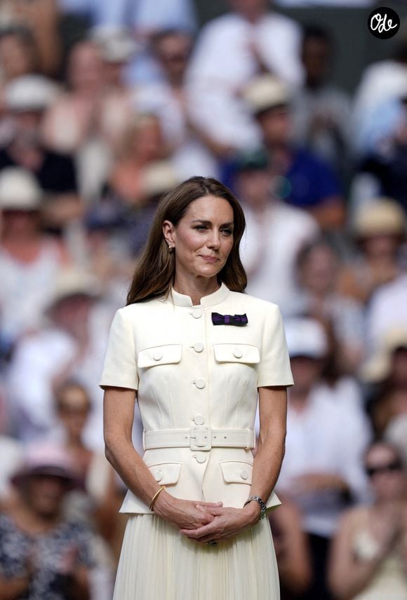 La princesse de Galles sur le court central à l'issue de la finale du simple dames, lors de la treizième journée du tournoi de Wimbledon 2025, à l'All England Lawn Tennis and Croquet Club, à Londres, au Royaume-Uni, le 12 juillet 2025. Photo : Andrew Matthews/PA Wire/ABACAPRESS.COM
