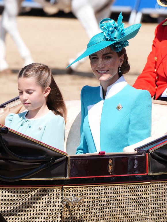 La princesse Charlotte et la princesse de Galles arrivent à la cérémonie de la montée des couleurs à Horse Guards Parade, au centre de Londres, pour célébrer l'anniversaire officiel du roi Charles III.  Le 14 juin 2025. Photo by Jonathan Brady/PA Wire/ABACAPRESS.COM