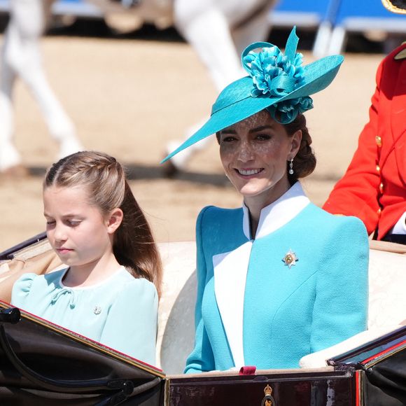 La princesse Charlotte et la princesse de Galles arrivent à la cérémonie de la montée des couleurs à Horse Guards Parade, au centre de Londres, pour célébrer l'anniversaire officiel du roi Charles III.  Le 14 juin 2025. Photo by Jonathan Brady/PA Wire/ABACAPRESS.COM