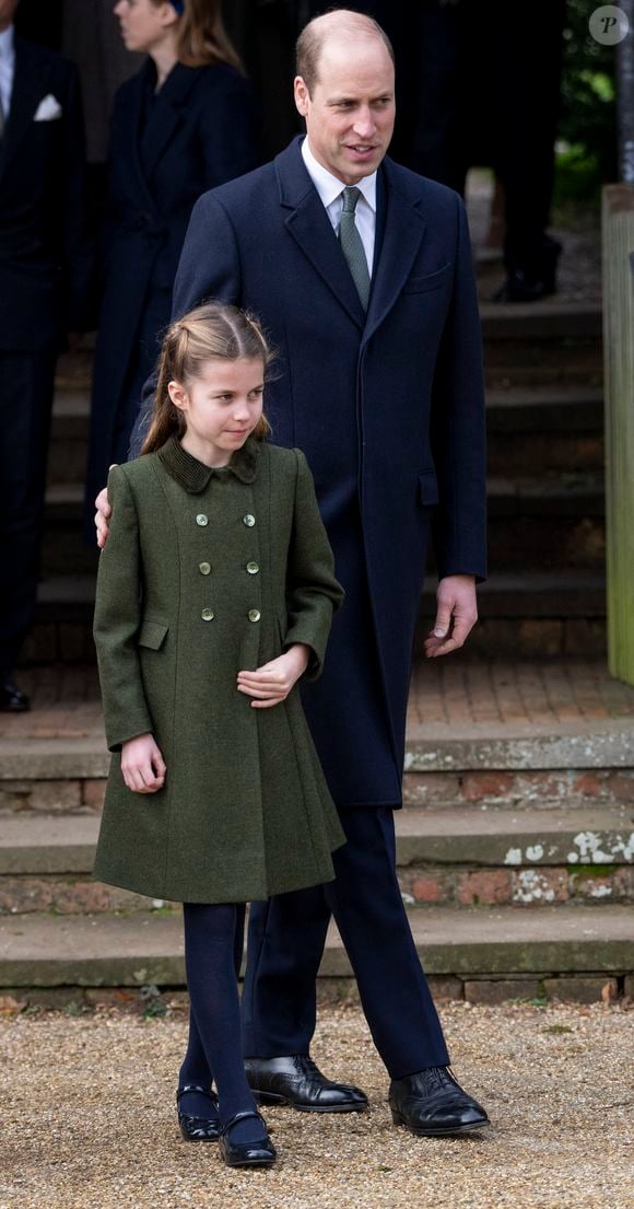 Le prince William, prince de Galles, la princesse Charlotte de Galles - Les membres de la famille royale britannique lors de la messe du matin de Noël en l'église St-Mary Magdalene à Sandringham, le 25 décembre 2023.