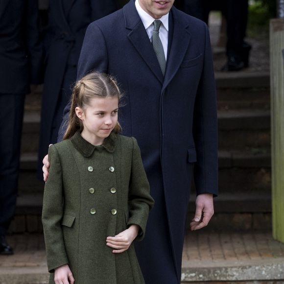 Le prince William, prince de Galles, la princesse Charlotte de Galles - Les membres de la famille royale britannique lors de la messe du matin de Noël en l'église St-Mary Magdalene à Sandringham, le 25 décembre 2023.