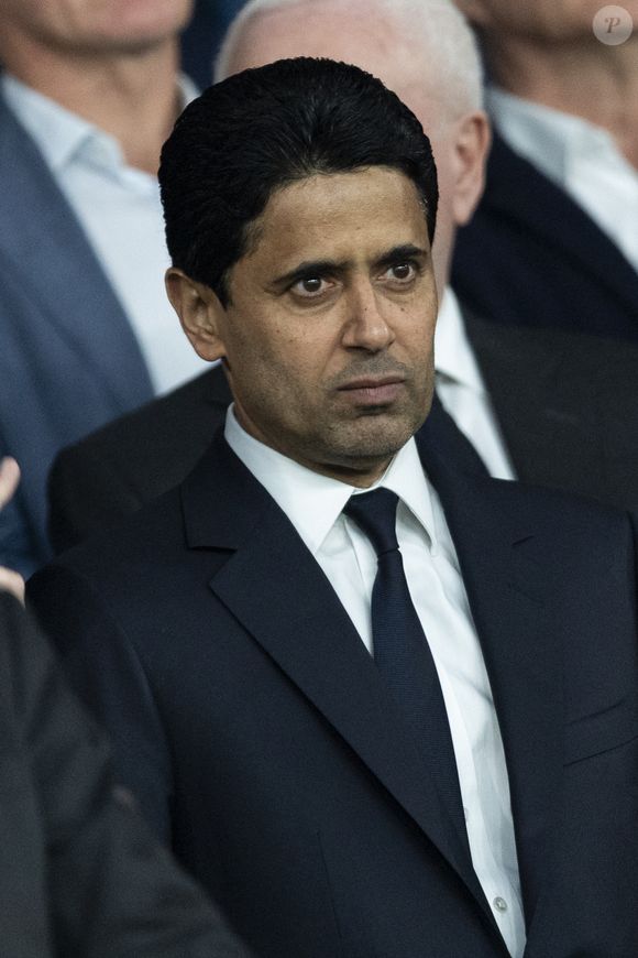 Nasser al-Khelaïfi - Célébrités des les tribunes lors du match aller du quart de finale de Ligue des champions entre le PSG et Aston Villa (3-1) au Parc des Princes à Paris le 9 avril 2025. © Cyril Moreau/Bestimage