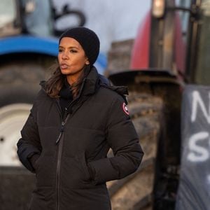 Karine Le Marchand soutient les agriculteurs sur le barrage de l'Autoroute A4 à hauteur de Jossigny en Seine et Marne le 29 Janvier 2024.  © Jeremy Melloul - Pierre Perusseau / Bestimage