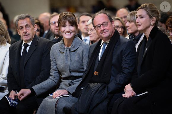 Nicolas Sarkozy, Carla Bruni, François Hollande et Julie Gayet, lors de la cérémonie de réouverture de la cathédrale Notre-Dame de Paris, le 7 décembre 2024. Photo by Eric Tschaen/Pool/ABACAPRESS.COM