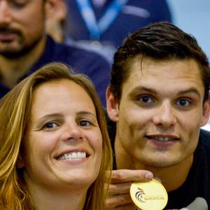 L'ancienne nageuse française Laure Manaudou et son frère Florent Manaudou lors des championnats de France de natation à Montpellier, France, le 3 avril 2016. Photo par Henri Szwarc/ABACAPRESS.COM