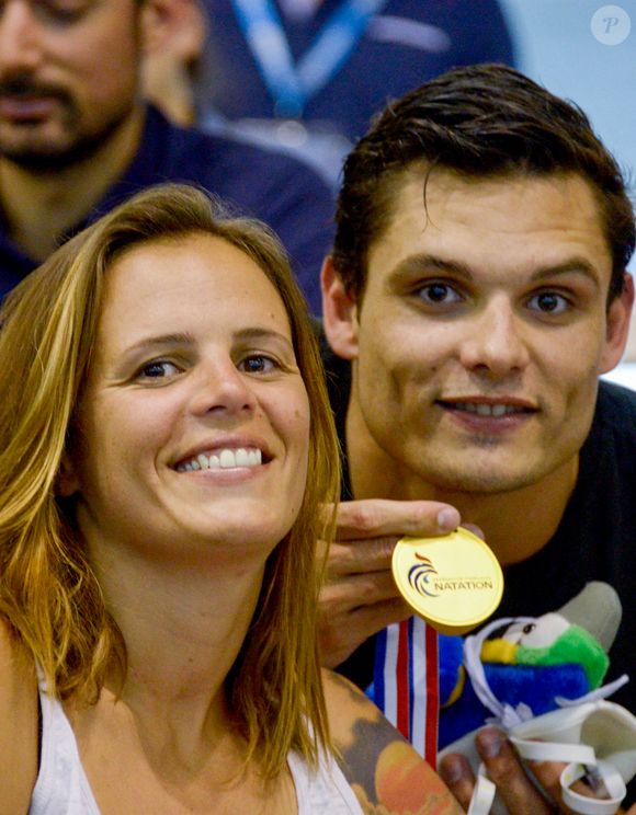 L'ancienne nageuse française Laure Manaudou et son frère Florent Manaudou lors des championnats de France de natation à Montpellier, France, le 3 avril 2016. Photo par Henri Szwarc/ABACAPRESS.COM
