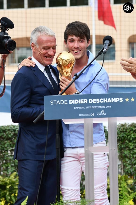 Didier et Dylan Deschamps durant l'inauguration du Stade de football Didier Deschamps à Cap d'Ail le 12 septembre 2018. © Bruno Bebert / Bestimage