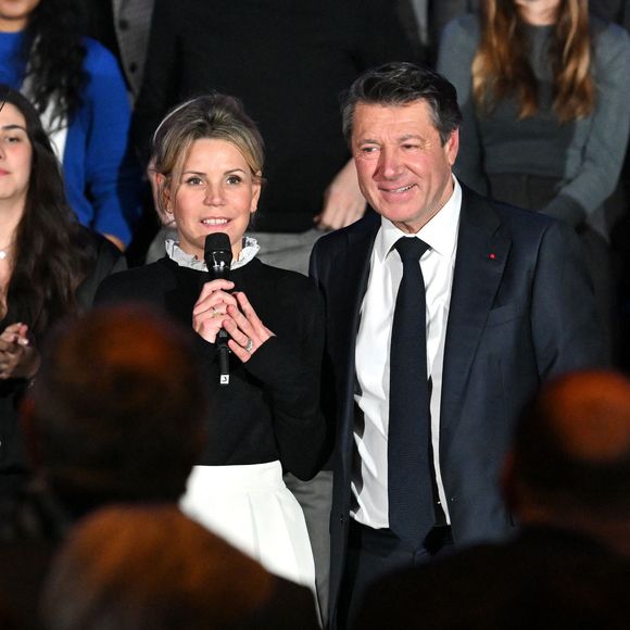 Christian Estrosi, le maire de Nice, accompagné de sa femme la journaliste et chroniqueuse de télé, Laura Tenoudji, a participé à la réunion de rentrée des Amis du Maire organisé dans la salle de spectacle du Palais de la Méditerranée à Nice, le 20 janvier 2023.© Bruno Bebert/Bestimage