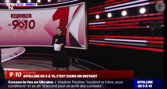 Apolline de Malherbe contrainte d'avoir un micro-main à la suite d'un imprévu, le 14 mars 2025, sur BFMTV