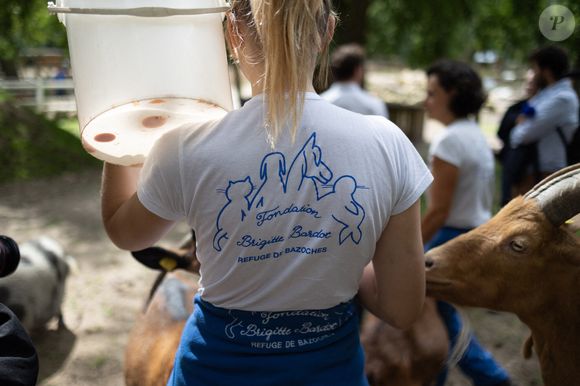 Une photo prise le 7 août 2023 montre une bénévole portant une chemise de la fondation Brigitte Bardot dans un refuge pris en charge par la fondation Brigitte Bardot à Bazoches-sur-Guyonne, en banlieue parisienne. Photo par Raphael Lafargue/ABACAPRESS.COM