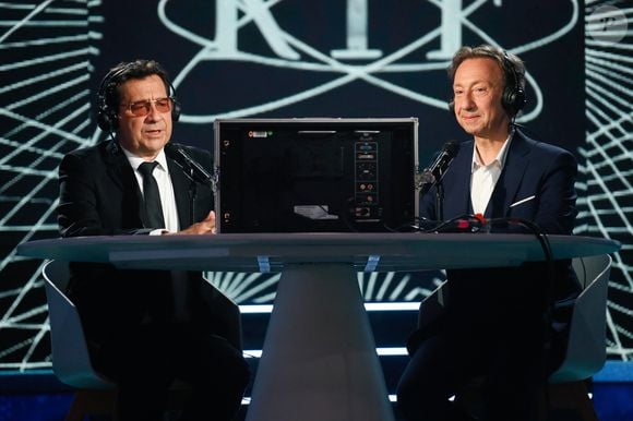 Exclusif - Laurent Gerra, Stéphane Bern lors de l'enregistrement de l'émission "Laurent Gerra, l'anniversaire événement" présentée par S.Bern et qui sera diffusée le 7 juin 2025 sur France 2, au théâtre Marigny, à Paris, France, le 28 avril 2025. © Clovis-Moreau/Bestimage