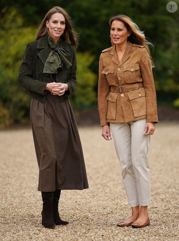 La princesse de Galles (à gauche) et la première dame Melania Trump dans les jardins de Frogmore à Windsor, Berkshire, au deuxième jour de la deuxième visite d'État du président américain Donald Trump au Royaume-Uni, à Windsor, Angleterre, Royaume-Uni, le 18 septembre 2025. Photo by Yui Mok/PA Wire/ABACAPRESS.COM