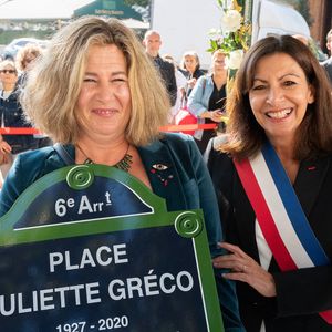 Anne-Hidalgo maire de Paris et Julie-Amour Rossini assistent à l'inauguration de la place Juliette Greco le 23 septembre 2021 à Paris. Photo par Laurent Zabulon/ABACAPRESS.COM
