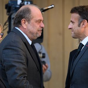 Eric Dupond Moretti, garde des Sceaux, ministre de la Justice  et le président Emmanuel Macron, - Hommage national à Hélène Carrère d'Encausse aux Invalides à Paris le 3 octobre 2023. © Eric Tschaen / Pool / Bestimage