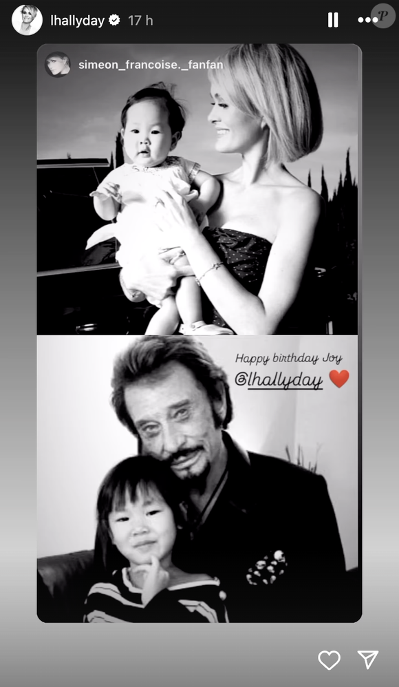 On l'aperçoit encore bébé dans les bras de sa mère, Lætitia Hallyday.

Capture d'écran de la story Instagram de Læticia Hallyday.