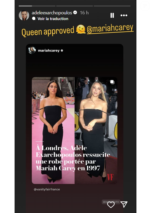 En plus de ressusciter avec brio cette silhouette iconique, Adèle a eu l’honneur de voir son hommage validé par la diva en personne, qui a partagé le comparatif en story.

Mariah Carey a même validé le look d'Adèle Exarchopoulos en repostant sur Instagram.