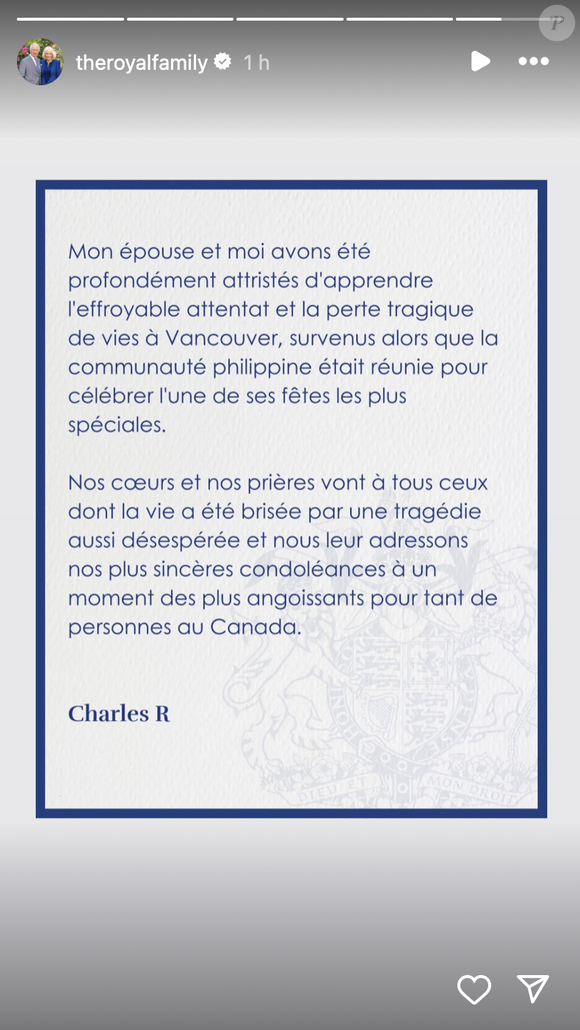 Message en version française du roi Charles III et de la reine Camilla après l'attaque à la voiture-bélier de Vancouver. Capture Instagram The Royal Family