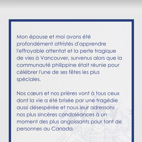 Message en version française du roi Charles III et de la reine Camilla après l'attaque à la voiture-bélier de Vancouver. Capture Instagram The Royal Family