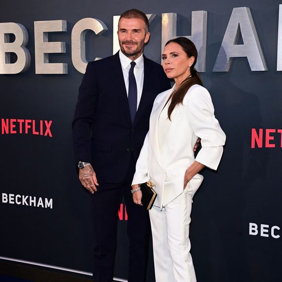 David Beckham et Victoria Beckham à l'avant-première Netflix de la série documentaire 'Beckham' à Londres, le 3 octobre 2023. AGENCE / BESTIMAGE