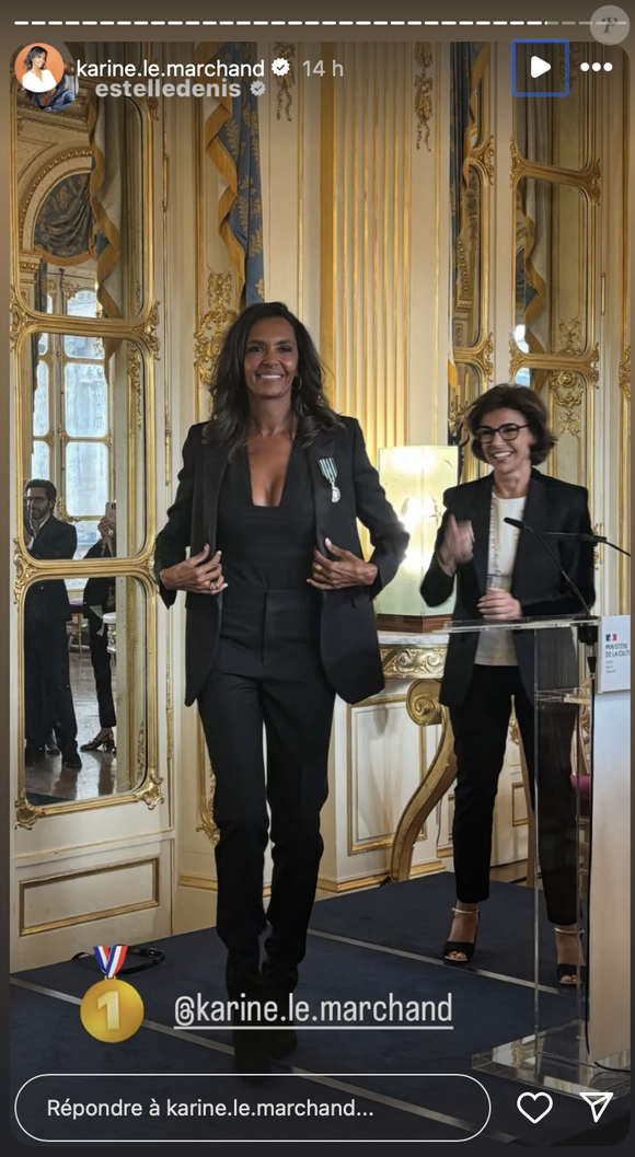 Rachida Dati a salué le fait que Karine Le Marchand oeuvre pour "une télévision qui unit plutôt qu’elle ne divise" et a souligné que l'animatrice était "un modèle de ténacité".

Karine Le Marchand a reçu des mains de Rachida Dati, la ministre de la Culture, la médaille de Chevalier des Arts et Lettres lundi 22 septembre 2025 à Paris via Instagram @karine.le.marchand