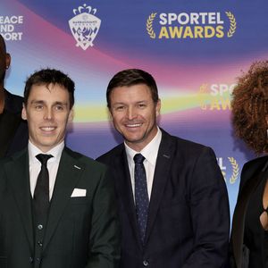 Didier Guillaume, le nouveau ministre d'Etat de la principauté, Florent Pietrus, Louis Ducruet, Gareth Wittstock, Laura Flessel et Pauline Déroulède - Photocall de la soirée des Sportel Awards 2024 au Grimaldi Forum à Monaco le 28 octobre 2024. © Claudia Albuquerque/Bestimage