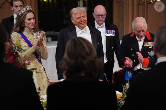 Donald J. Trump (président des Etats-Unis) et la Première dame Melania Trump, le roi Charles III d'Angleterre et Camilla Parker Bowles, reine consort d'Angleterre, le prince William, prince de Galles, et Catherine (Kate) Middleton, princesse de Galles, lors du banquet d'Etat au château de Windsor en l'honneur de la visite officielle de président Donald Trump et de la Première dame Melania au Royaume-Uni. Picture by Yui Mok/WPA-Pool