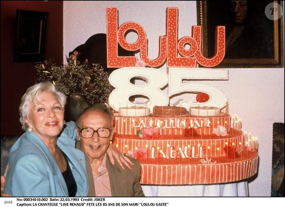 Line Renaud fête les 85 ans de son mari Loulou Gasté en 1993 devant un gâteau ©JOKER / BESTIMAGE