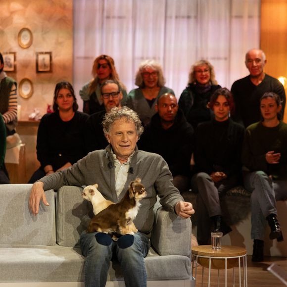Exclusif - Bernard Montiel, Raphaël Mezrah, Oli. avec Charles Berling et Charles Edouard Fusari invités, Olivia Juriste et Sylvain Vétérinaire sur plateau de l'émission "Animalement Vôtre" présentée par Bernard Montiel et diffusée le XXX sur France 3, à Paris, France, le 12 janvier 2026. © Julien Sarkissian/Bestimage
