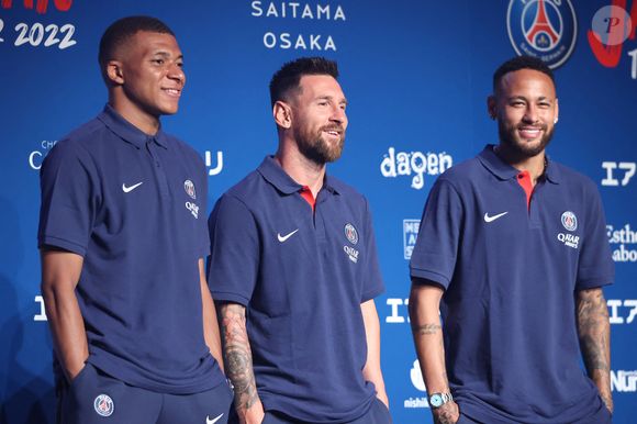 Kylian Mbappé, Lionel Messi et Neymar - Les joueurs du PSG en conférence de presse à Tokyo, le 17 juillet 2022.
