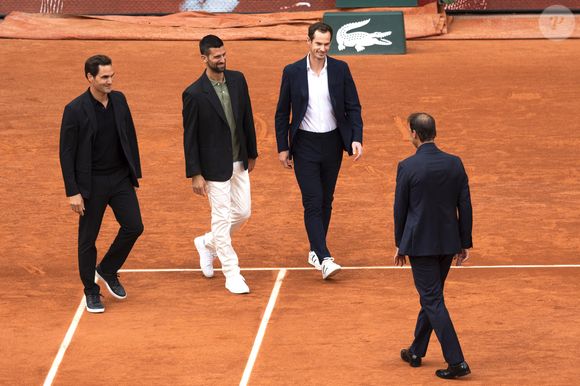 Roger Federer, Andy Murray, Novak Djokovic, Rafael Nadal à la Cérémonie d'hommage pour Rafael Nadal le 25 mai 2025. © Cyril Moreau-Dominique Jacovides / Bestimage