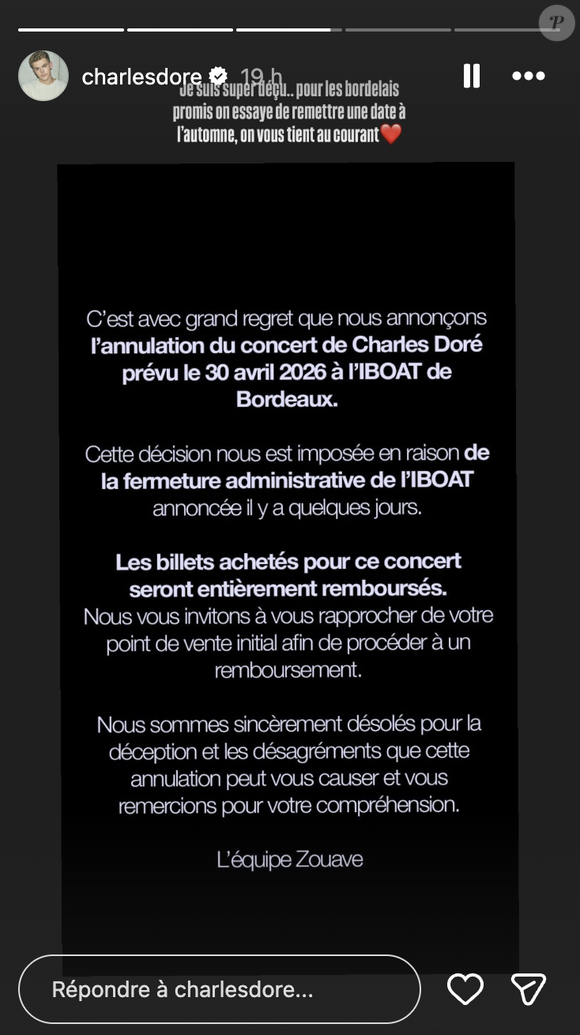 Le chanteur a été obligé d'annuler l'un de ses concerts prévu à Bordeaux

Charles Doré annonce l'annulation d'un concert sur Instagram le 6 février 2025. Instagram