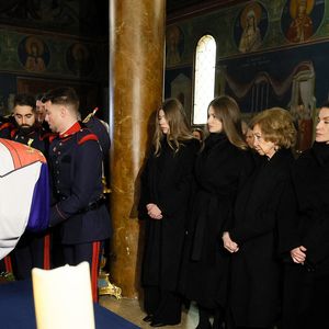 Princesse Leonor (La princesse Leonor), Infante Sofia (L'infante Sofia d'Espagne), Reine Sofia (La reine Sofia), Reine Letizia (La reine Letizia d'Espagne) et Roi Felipe (Le roi Felipe VI d' Espagne) - La famille royale d'Espagne assiste au service commémoratif de la princesse Irène de Grèce à la cathédrale orthodoxe grecque de Saint-André et Saint Démétrius, à Madrid, Espagne, le 17 janvier 2026. © Pool/Bestimage