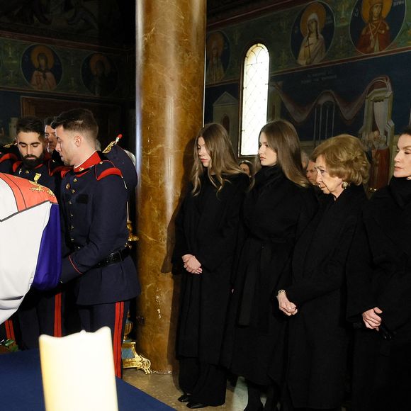 Princesse Leonor (La princesse Leonor), Infante Sofia (L'infante Sofia d'Espagne), Reine Sofia (La reine Sofia), Reine Letizia (La reine Letizia d'Espagne) et Roi Felipe (Le roi Felipe VI d' Espagne) - La famille royale d'Espagne assiste au service commémoratif de la princesse Irène de Grèce à la cathédrale orthodoxe grecque de Saint-André et Saint Démétrius, à Madrid, Espagne, le 17 janvier 2026. © Pool/Bestimage