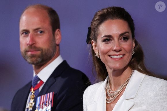 Le prince et la princesse de Galles lors du concert célébrant le 80e anniversaire du jour de la Victoire en Europe, organisé lors du défilé historique des Horse Guards, dans le centre de Londres. Jeudi 8 mai 2025. Photo : Toby Melville/PA Wire/ABACAPRESS.COM