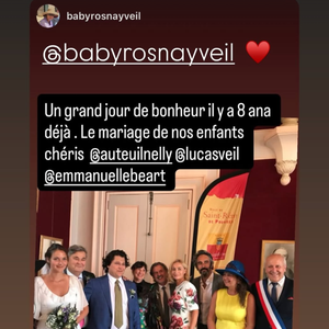 Emmanuelle Béart a publié une photo du mariage de sa fille Nelly Auteuil avec le petit-fils de Simone Veil, datant d'il y a déjà huit ans, dans la story de son compte Instagram le lundi 24 août 2026.
Crédit : Instagram/emmanuellebeart