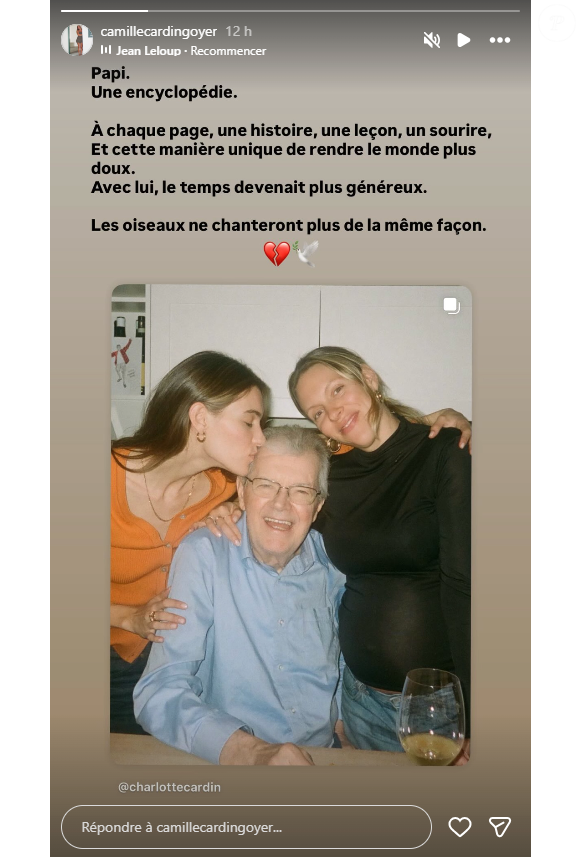 Sa soeur Camille partage également sa peine.

Camille, la soeur de Charlotte Cardin, rend hommage à leur grand-père décédé.