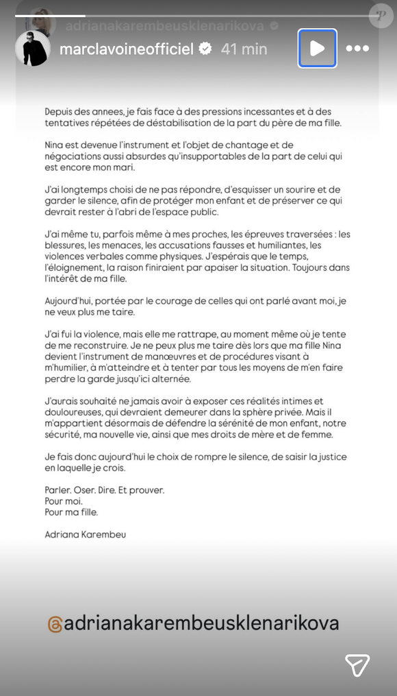 en relayant son message en story Instagram. 

Marc Lavoine apporte son soutien à Adriana Karembeu