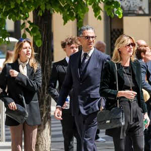 Yasmine Lavoine, Milo Lavoine, Roschdy Zem, sa compagne Sarah Poniatowski (Lavoine), Roman Lavoine -  Arrivées aux obsèques du prince Jean-Stanislas Poniatowski en l'Eglise polonaise à Paris, France, le 29 avril 2024. © Jacovides-Moreau/Bestimage