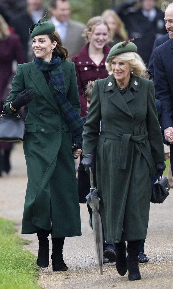 Catherine Kate Middleton, princesse de Galles, la reine Consort Camilla - 25 December 2024, accompagnés de membres de la famille royale, assistent à l'office du jour de Noël à l'église St Mary Magdalene de Sandringham. (GOFF INF / BESTIMAGE).