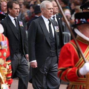 Il s'agit du prince Andrew

Peter Phillips et le prince Andrew, duc d’York - Procession du cercueil de la reine Elizabeth II d'Angleterre de l'Abbaye de Westminster à Wellington Arch à Hyde Park Corner, près du palais de Buckingham, au son de Big Ben et de coups de canon, le 19 septembre 2022.