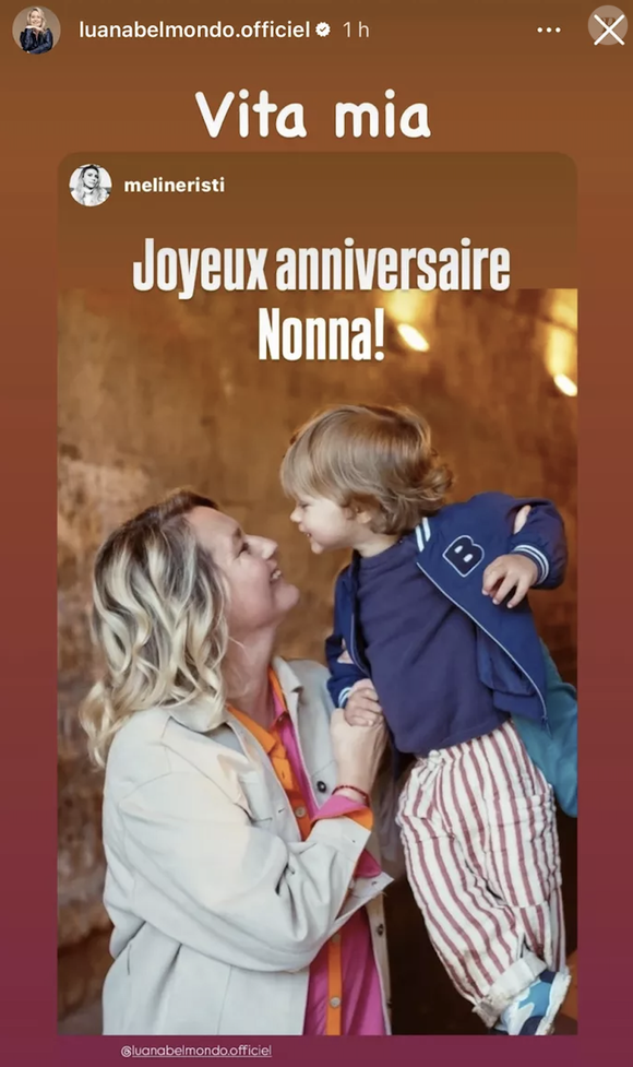 En légende, on peut lire : "Joyeux anniversaire Nonna !" Une attention qui a touchée la principale intéressée. 

Luana Belmondo a repartagé sur son compte Instagram un cliché avec son petit-fils à l'occasion de son 54ème anniversaire, le 18 mars 2025