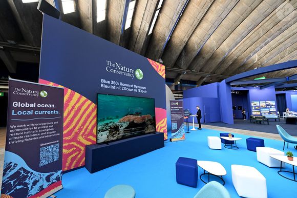 Visite inaugurale de "La Baleine", le temps de l'UNOC, la conférence de l'ONU sur les océans, en présence de Christian Estrosi, le maire de Nice, Olivier Poivre d’Arvor, l'ambassadeur pour les pôles et les enjeux maritimes au Ministère de l’Europe et des Affaires étrangères, Laurent Hottiaux, le nouveau préfet des Alpes-Maritimes, Ashok Adicéam, le délégué général de l'UNOC en charge du projet, Richard Chemla. l'adjoint délégué à la transition écologique et énergétique, à la santé et au bien-être, et Olivier Bettati, délégué général de la mission UNOC à la mairie de Nice, au Palais des expositions à Nice, le 2 juin 2025.
 © Bruno Bebert/Bestimage
