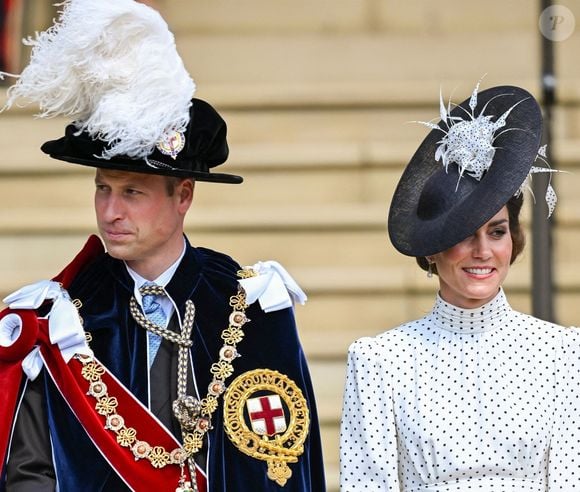 Le prince William, prince de Galles, et Catherine (Kate) Middleton, princesse de Galles, lors du service annuel de l'ordre de la jarretière à la chapelle St George du château de Windsor, le 19 juin 2023.