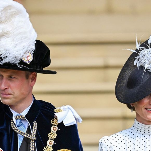 Le prince William, prince de Galles, et Catherine (Kate) Middleton, princesse de Galles, lors du service annuel de l'ordre de la jarretière à la chapelle St George du château de Windsor, le 19 juin 2023.