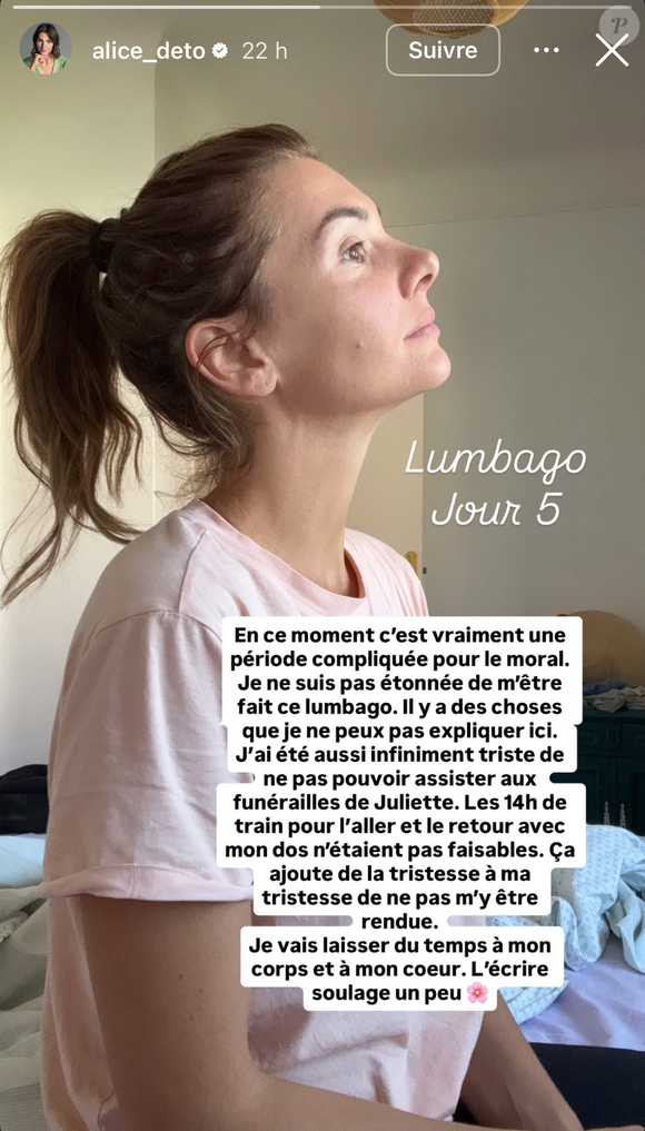 Elle ne cache cependant pas que le décès de son amie Juliette l’a beaucoup affectée. Le fait de ne pas avoir été en capacité de se rendre à ses funérailles, le 20 août dernier à Bayeux, a porté un énorme coup au moral d’Alice Detollenaere, qui s’est dite "infiniment triste".

Alice Detollenaere le 22 août 2025 © Instagram